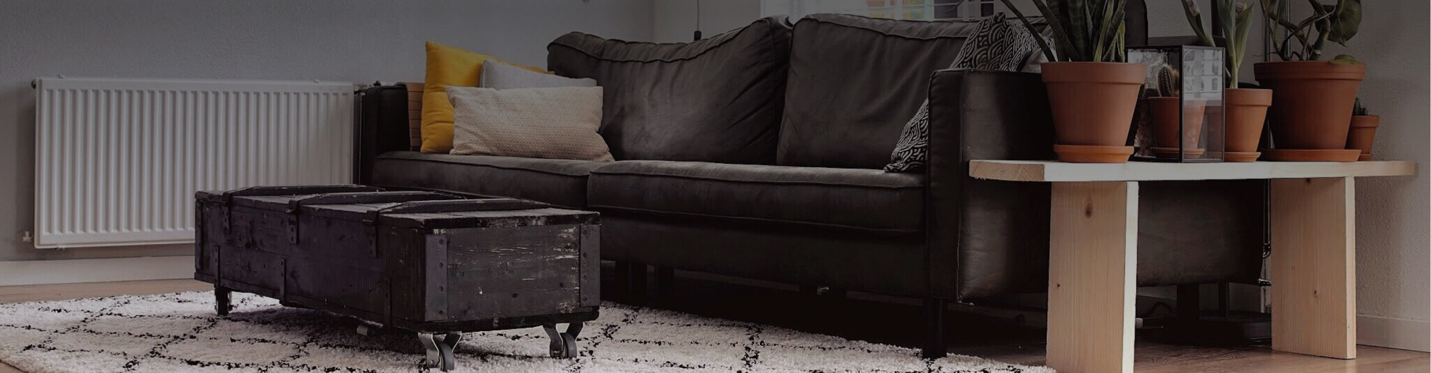 Brown leather course placed on a a white and grey decorative area rug. Surrounding area decorated with potted plants and a wooden crate coffee table